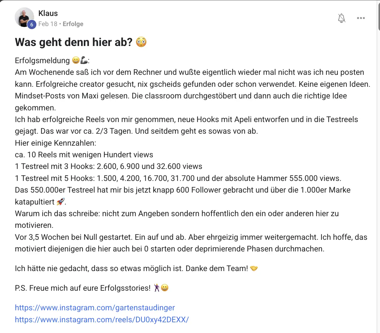 Kundenstimme KI Creator Akademie: Klaus erreicht 555.000 Views und über 1.000 Follower mit Apeli-Hooks