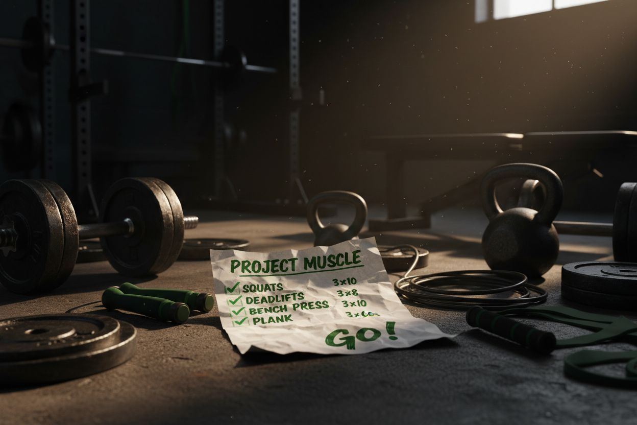 Workout plan on paper with dumbbells and kettlebells