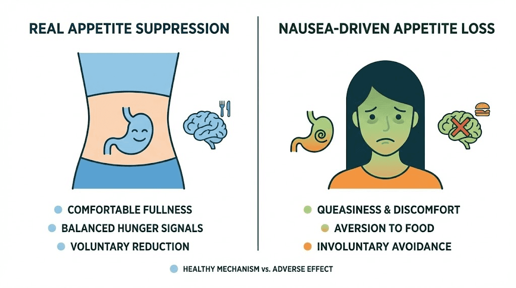 Real tirzepatide appetite suppression versus nausea-driven appetite loss comparison