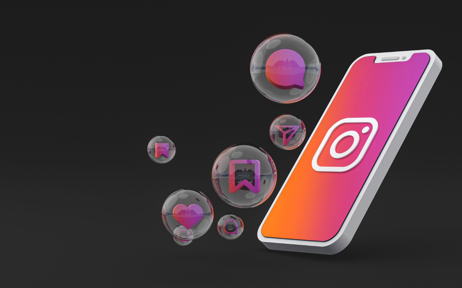 1. 3D illustration of the Instagram app on a smartphone, featuring bubbles and various social media icons surrounding it.