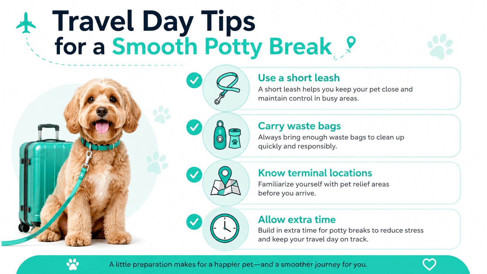 A cute fluffy dog sitting next to a travel suitcase with text tips for pet potty breaks.