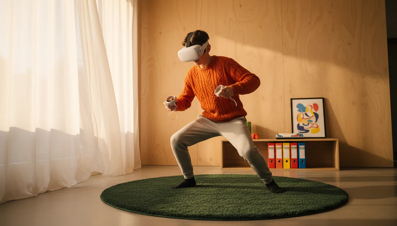 DSLR photograph of a teenager in a dynamic action pose, intensely focused while using a white Meta Quest 3 VR headset and controllers in a modern bedroom with light plywood walls. He is wearing a vibrant orange textured knit sweater and light grey pants, crouching on a dark green rug. The room is filled with warm, soft golden hour light streaming from a window with sheer curtains on the left. The background is a low wooden shelf containing colorful binders, a small keyboard, and an abstract art poster on the wall. Cinematic color grading with sharp focus on the subject.