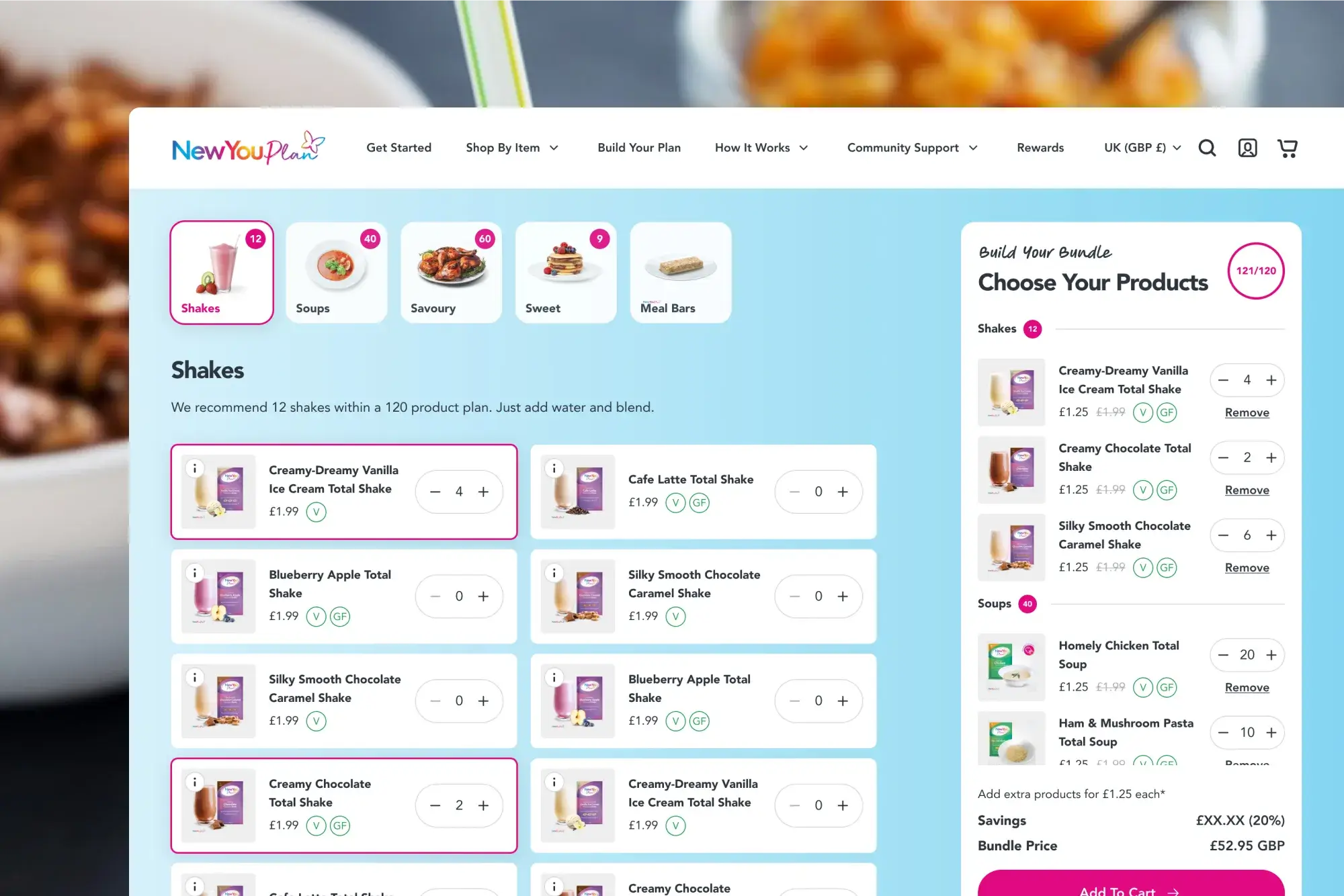 NewYouPlan meal replacement platform showing bundle builder interface with step-by-step product selection and calorie tracking.