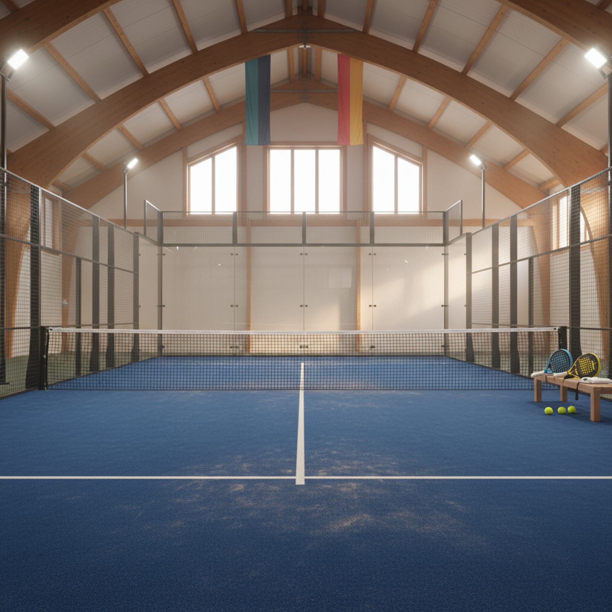 Ein frisch vorbereiteter Indoor-Court im weichen Vormittagslicht, Netzhöhe geprüft, Linien sauber. Auf der Bank liegen zwei Schläger und ein Schweißband bereit. Die Halle ist still, man spürt die nahende Spielzeit. Es wirkt geordnet und startklar für die nächste Belegung.