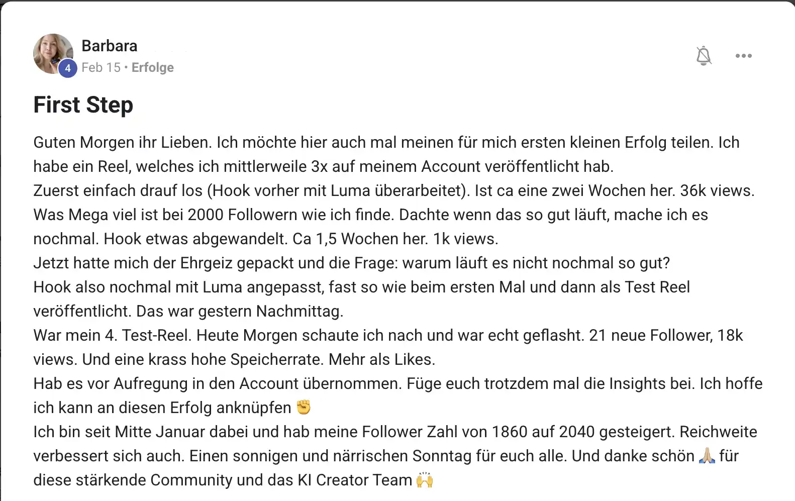 Erfolgsbericht KI Creator Akademie: Barbaras Test-Reels erreichen 36.000 Views und mehr Follower