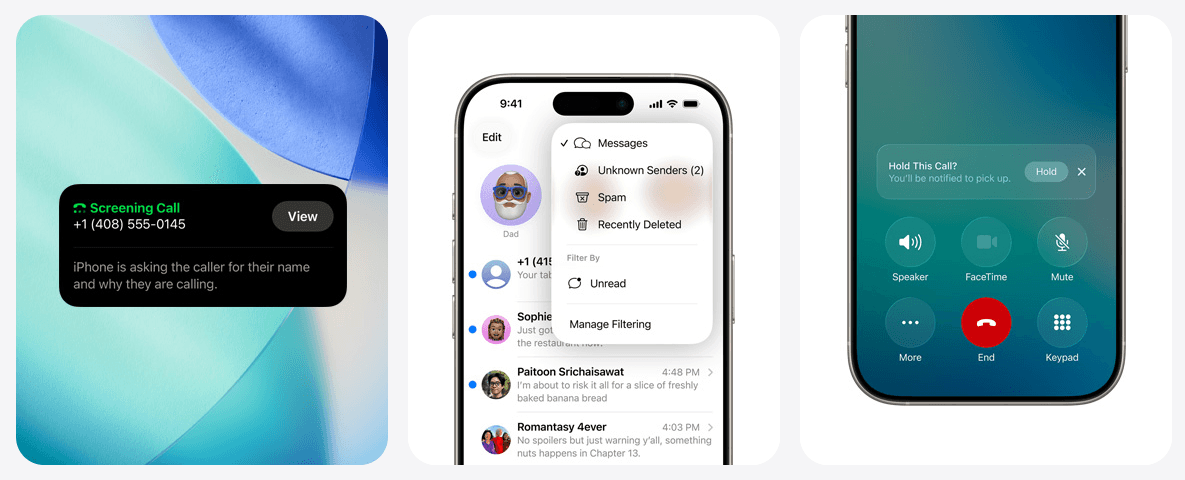 Three iPhone screens showcasing Apple’s Liquid Glass UI updates—Call Screening with translucent alert, redesigned Messages filter menu with depth layering, and an updated in-call interface with blurred background and glowing icons.
