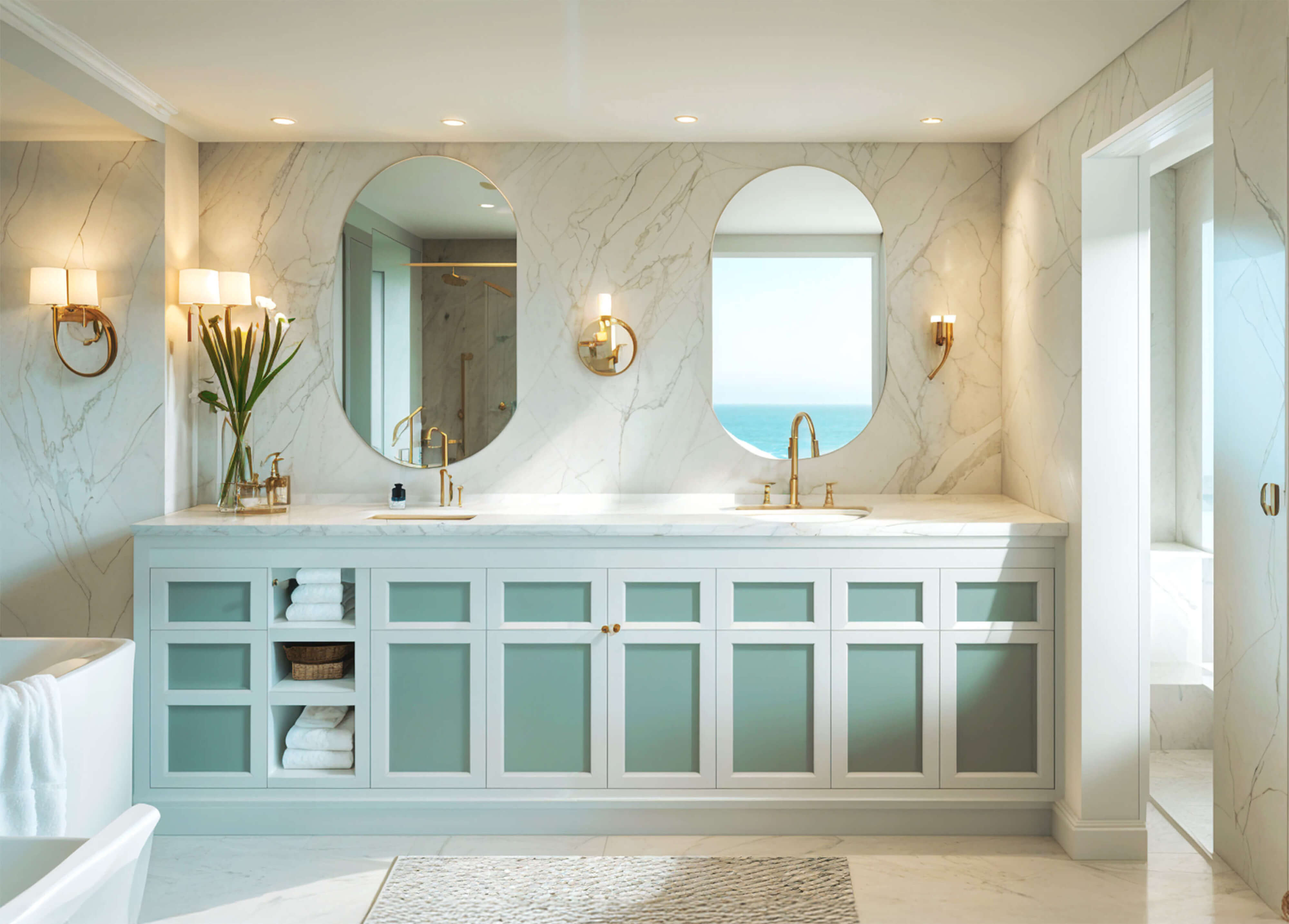 A bright marble bathroom with a double vanity, brass fixtures, soft lighting, and a large window showcasing a clear ocean view.