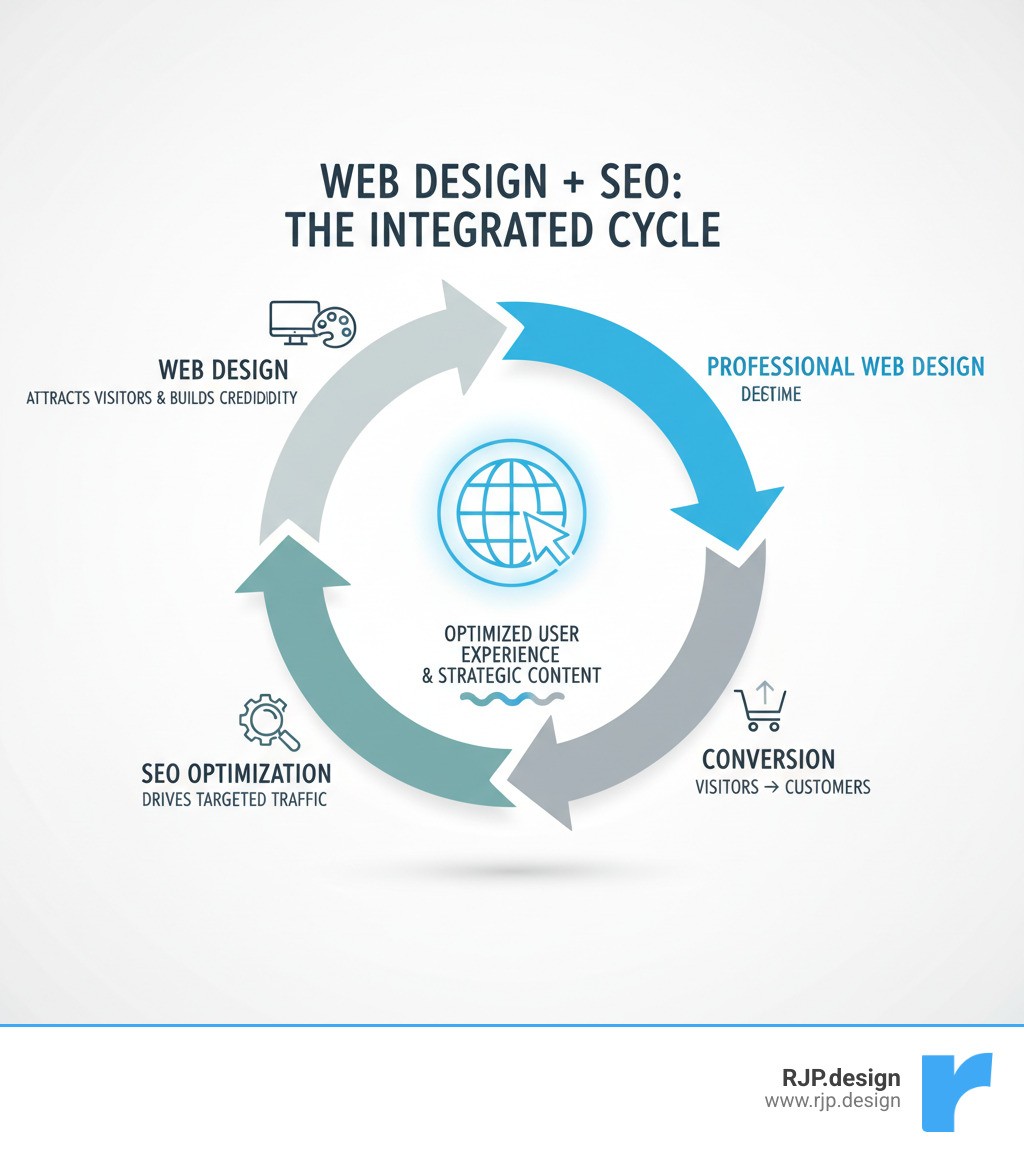 Infographic showing the integrated cycle of web design and SEO: Professional web design attracts visitors and builds credibility, while SEO drives targeted traffic to the website, and together they convert visitors into customers through optimized user experience and strategic content placement - web design & seo company infographic 