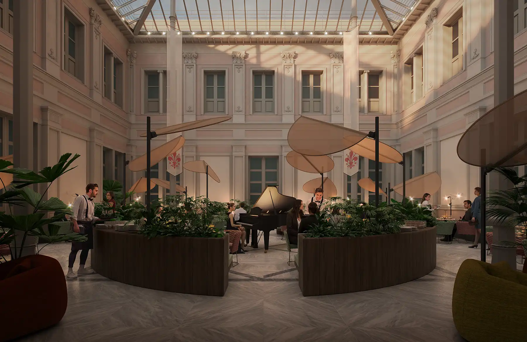 Elegant indoor courtyard lounge in a historic building with glass roof, grand piano, modern seating, and lush planters. Sophisticated hotel or restaurant atrium 3D rendering.