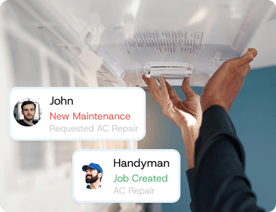 Digital task cards showing a maintenance request assigned to a handyman, representing linked job workflows and accountability.