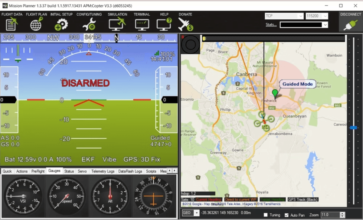 Mission Planner software interface showing a drone’s flight status with artificial horizon display, map view of Canberra Australia, and telemetry gauges indicating disarmed status and GPS connection.