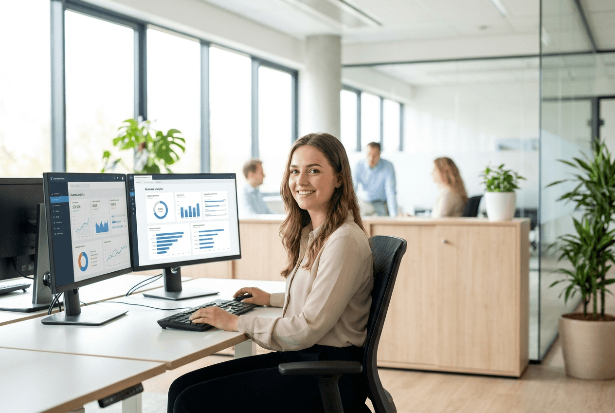 Professional team member using a laptop in a bright office workspace.