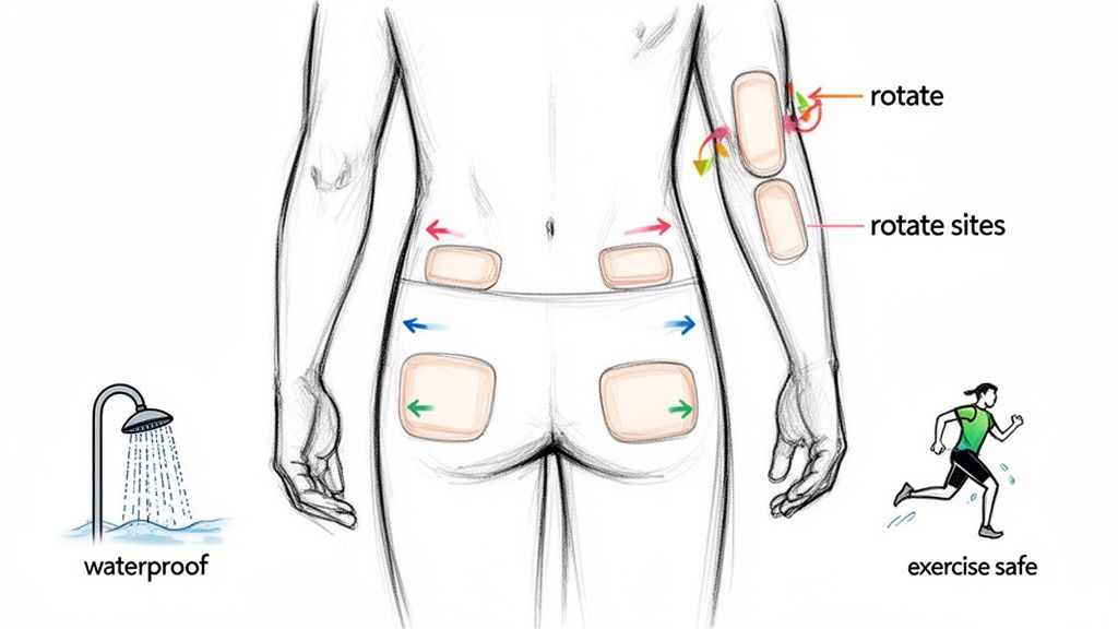 Illustration of estradiol patches on the body, demonstrating site rotation, waterproof, and exercise-safe use.