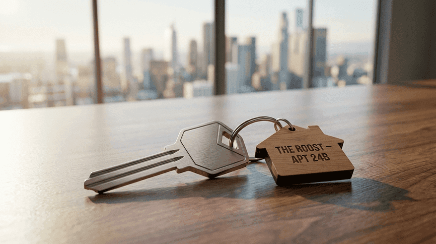 Chave de apartamento moderno sobre mesa de madeira com vista da cidade ao fundo, representando o mercado de aluguel.