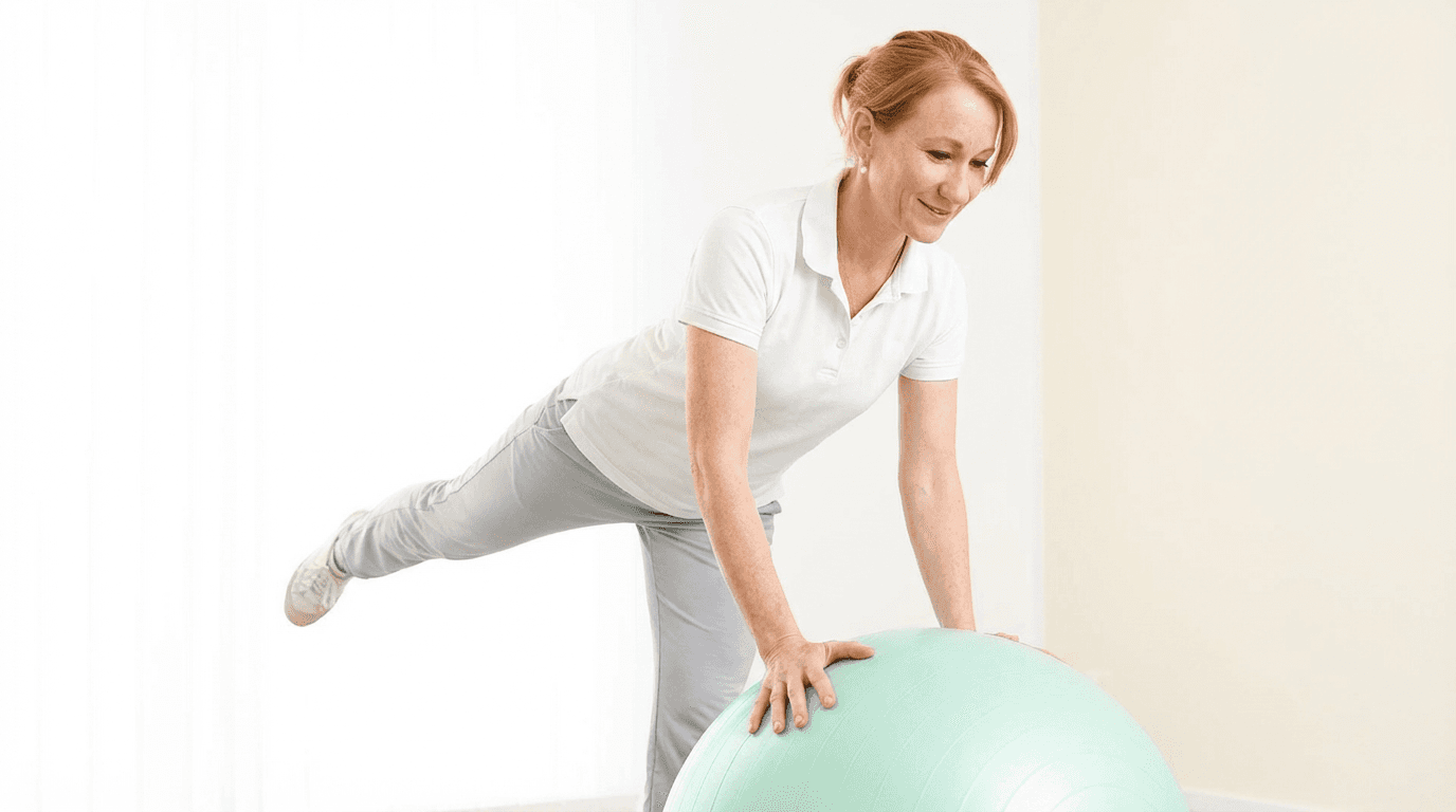 Physiotherapeutin bei einer Übung mit Gymnastikball in heller Praxis in Hannover