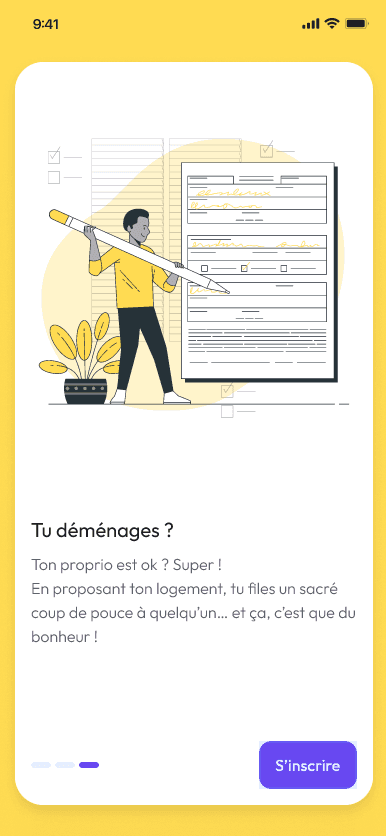 Troisième partie de l'onboarding de l'application mobile Studyhome, présentant comment les étudiants qui quittent leur logement peuvent aider ceux qui en cherche un nouveau.