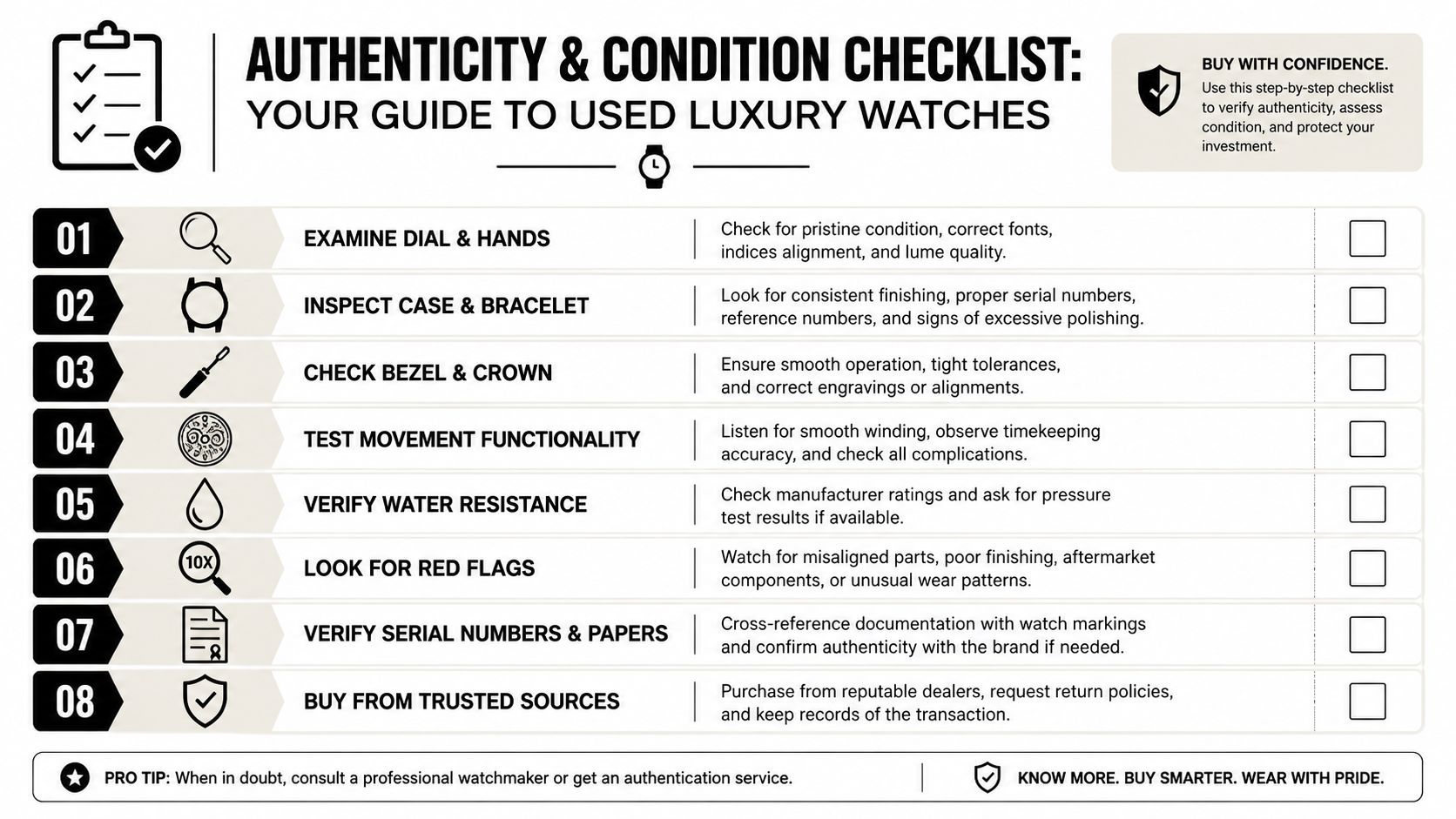 An infographic checklist for evaluating the authenticity and condition of used luxury watches before buying.