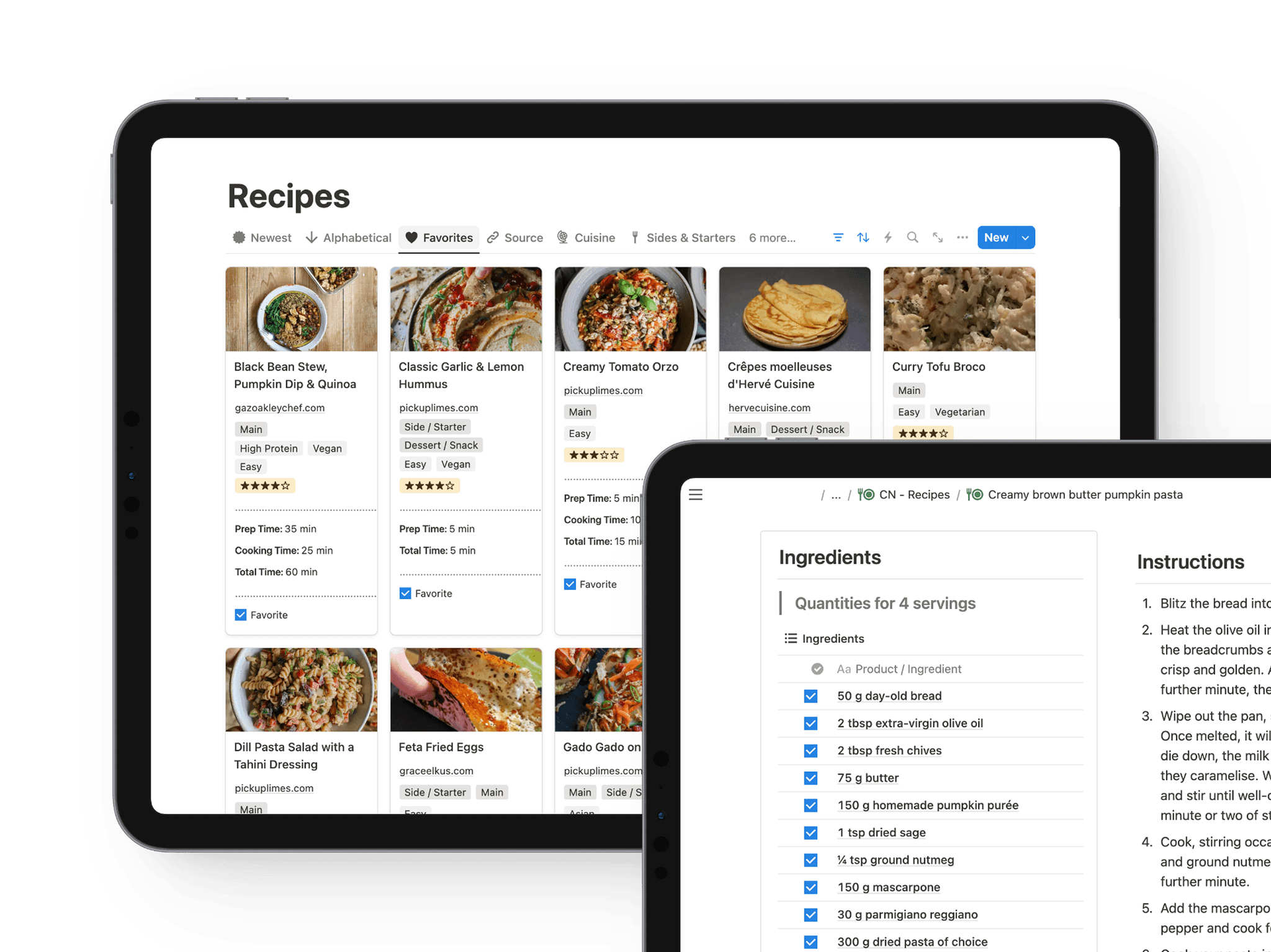 Notion meal database listing recipes, categories, and meal prep times