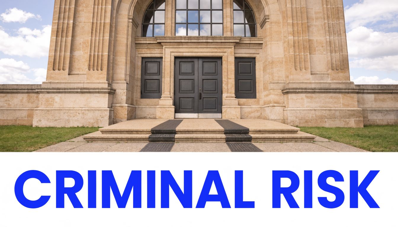 A stone building entrance with large black doors under the text Criminal Risk on a white background.