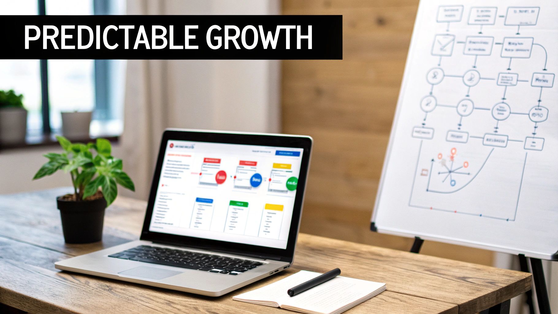Laptop showing data and charts on a desk next to a plant and a whiteboard with business diagrams, illustrating predictable growth.
