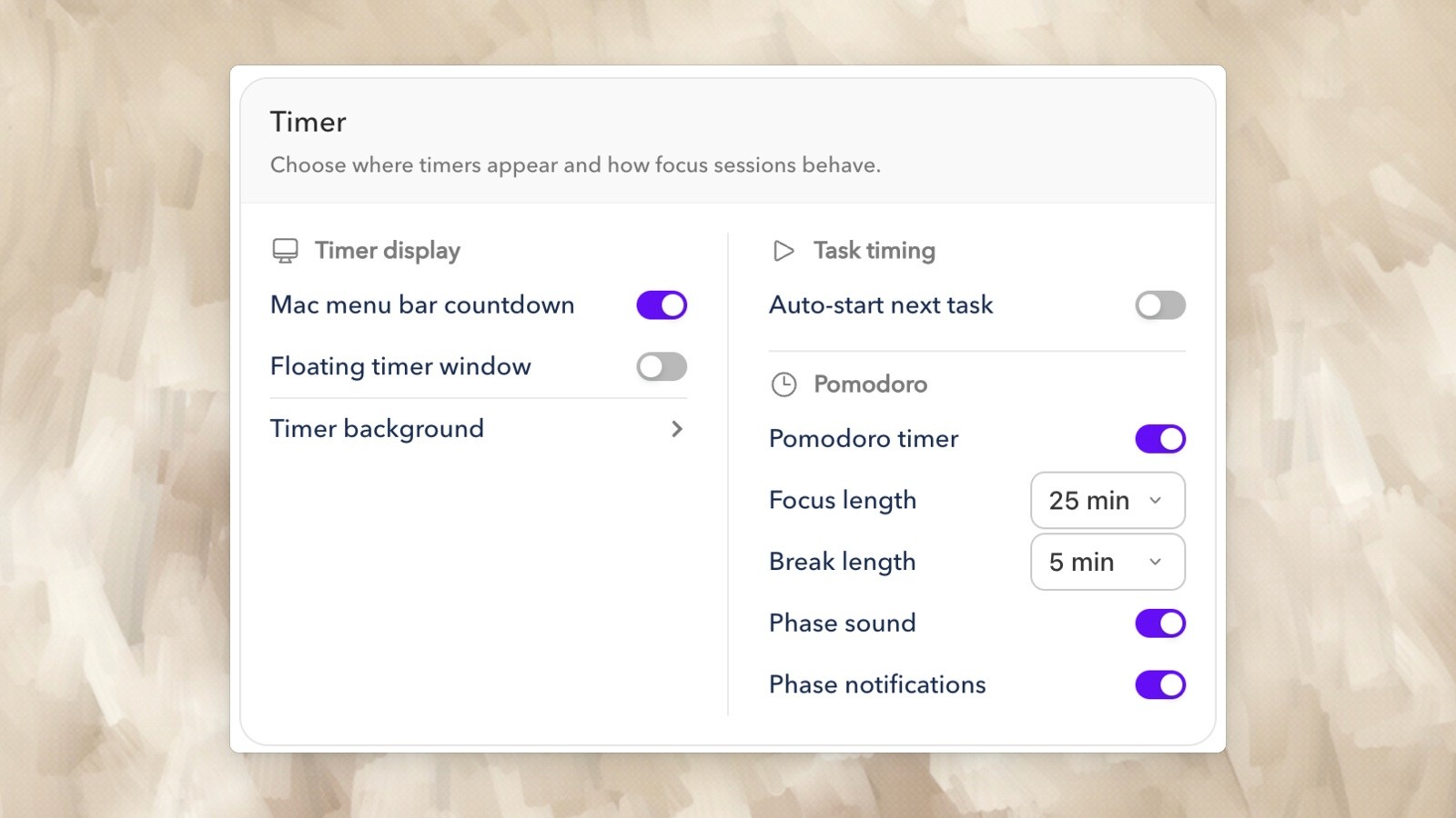 Ellie’s desktop timer supports adjustable focus and break lengths for a planned work session.