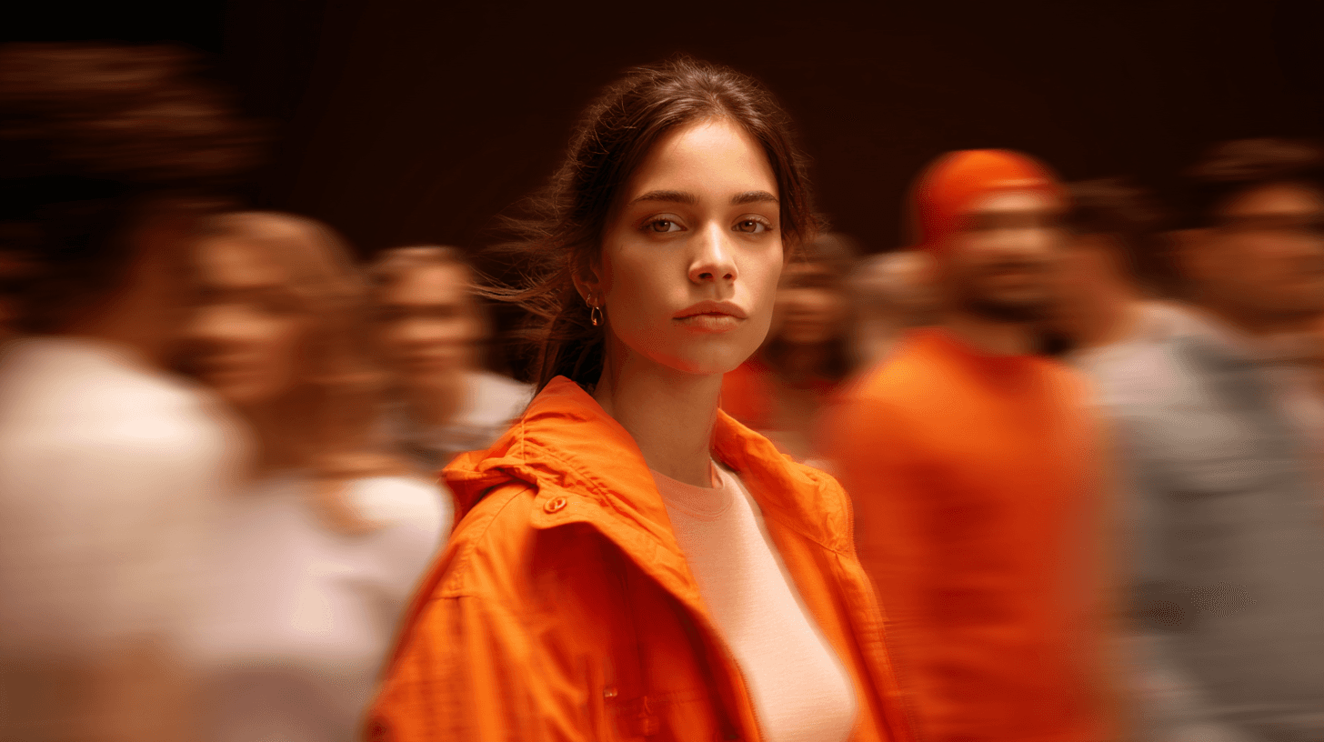 Orange jacket women standing street motion blur portrait