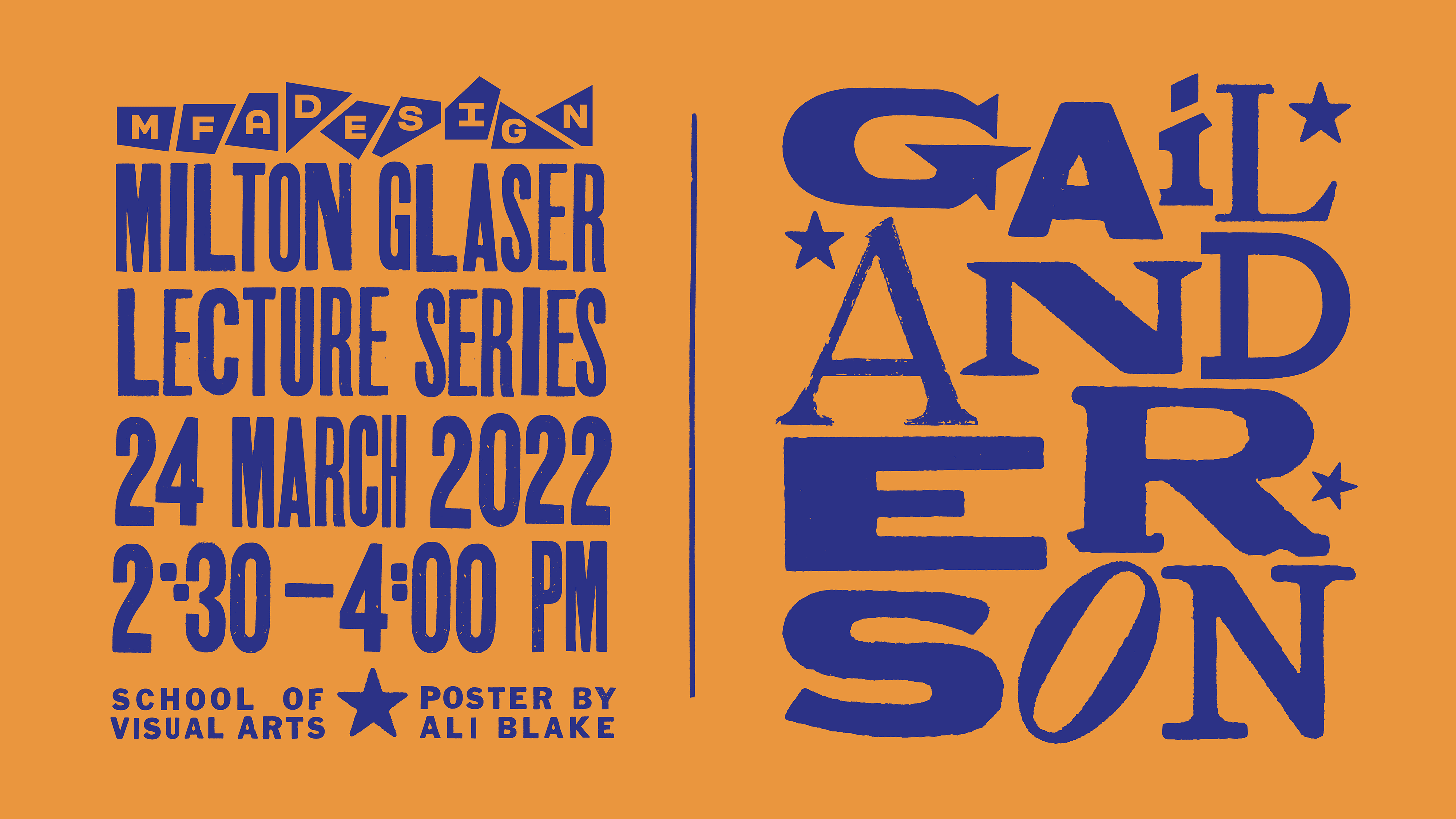 Milton Glaser's lecture poster wrote in blue on orange background