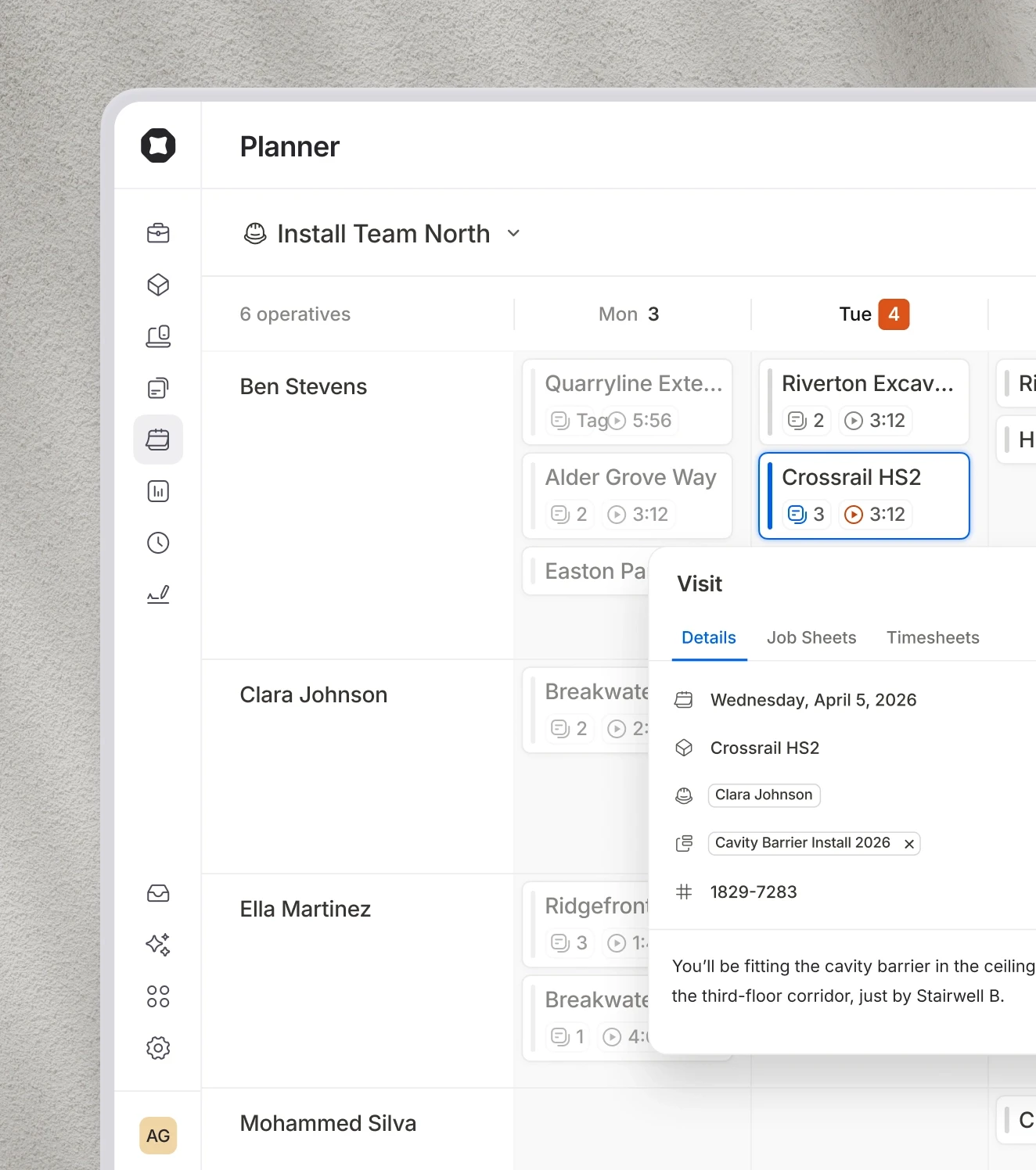 In light mode, the Onetrace Planner highlighting which operatives are due to which site, and when, on a highlighted day.
