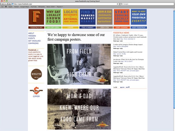 A screenshot of a Foodstalk NYC website page displays a banner reading “We’re happy to showcase some of our first campaign posters.” The banner includes text “FROM FIELD TO HIGH CHAIR” and a photo of a child in a high chair. Below the banner are sections for “FOODSTALK NEWS” and “NEWSLETTER,” with links to various news articles and updates. The website’s navigation bar includes tabs for “WHY EAT LOCALLY GROWN FOOD?”, “LOCATE ARTISANAL FOOD MARKETS”, “FIND A MARKET”, “JOIN A CISA”, “START COOKING”, and “WANT TO HOST YOUR OWN FOODSTALK EVENT?!” The page is organized in a grid layout with colored sections and text blocks.