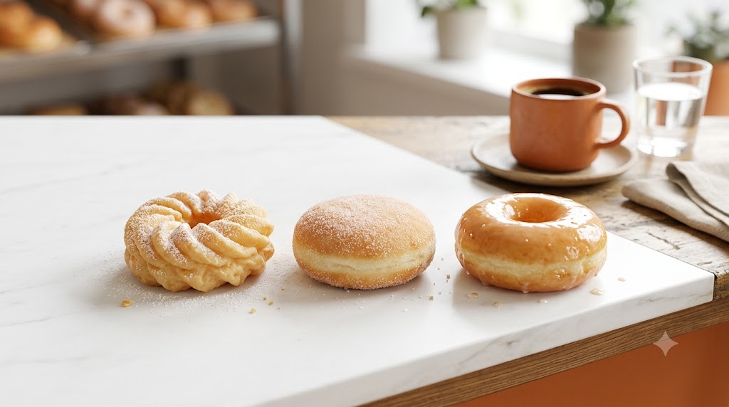 A photorealistic, health-conscious food photograph featuring an attractive assortment of three lighter-style donuts—an airy, ridged French cruller, a simple sugar-raised donut, and a glossy glazed donut—arranged on a white bakery counter. A coffee mug sits in the softly blurred background with subtle natural morning lighting.