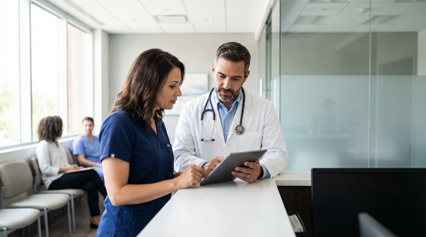 Arzt und Praxismitarbeiterin analysieren Praxiskennzahlen auf Tablet – Praxiserfolg und Umsatz in der Arztpraxis