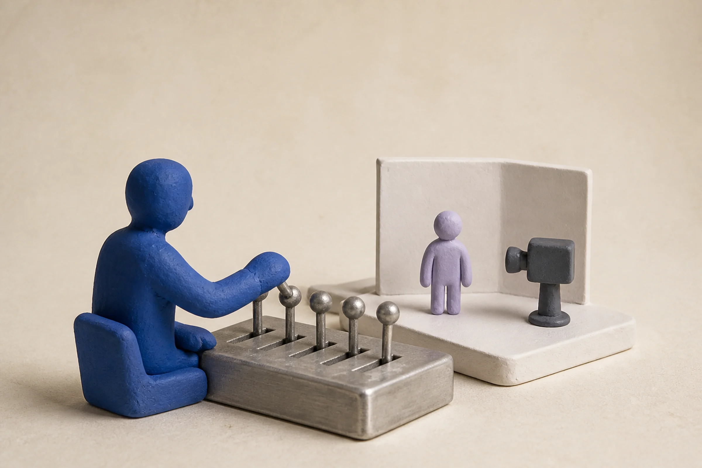 A blue clay director adjusts five metal levers controlling a miniature character and camera on a small stage.