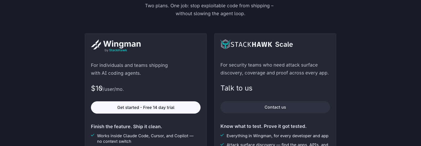 StackHawk pricing page showing the Wingman and Scale plans, captured July 31, 2026