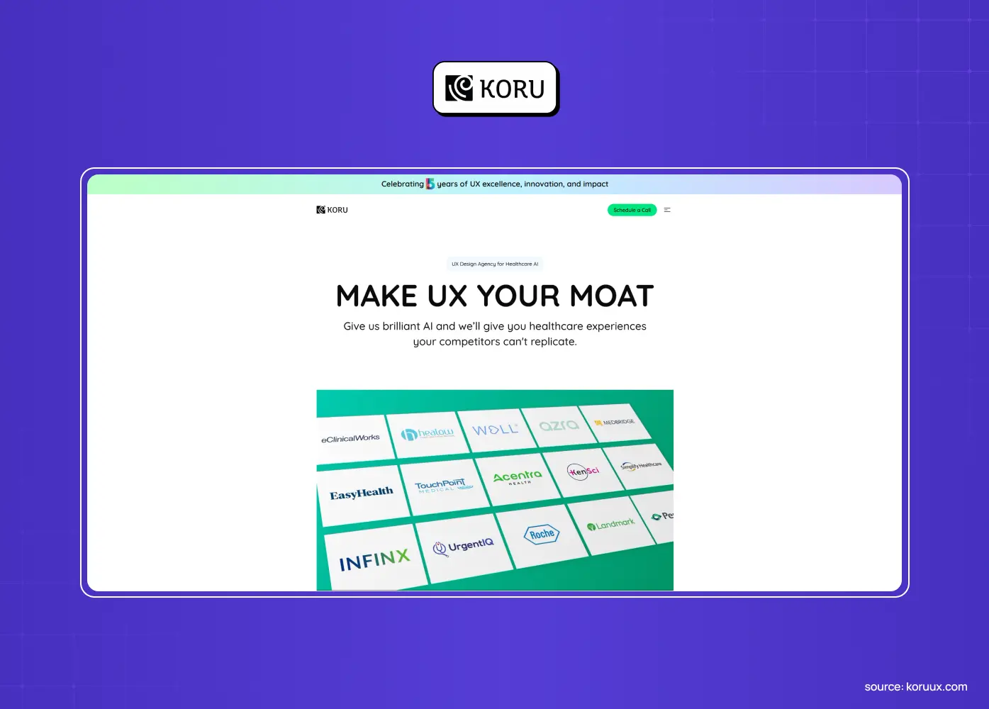 Koru website promoting UX design for healthcare AI, featuring the headline “Make UX your moat” and a grid of healthcare client logos.