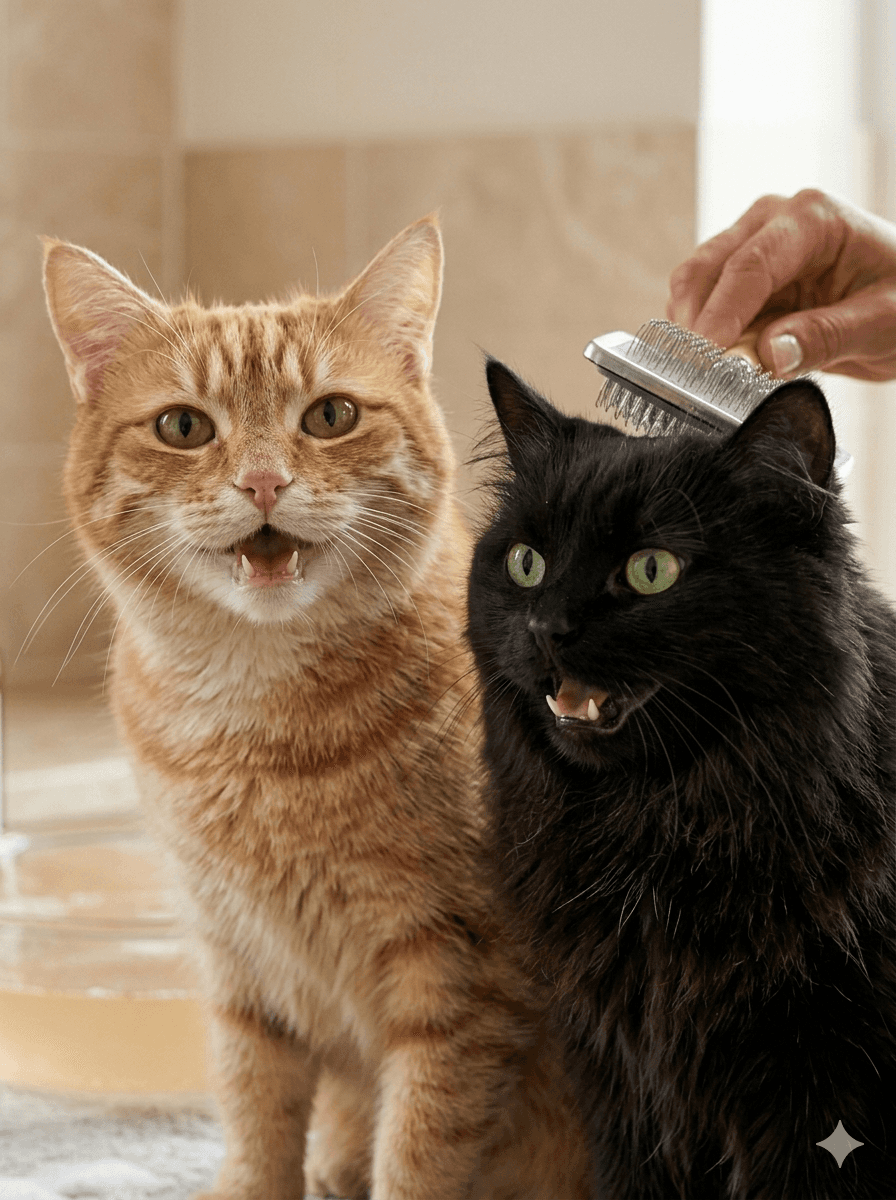 A 4K image of 2 hapy cats being groomed