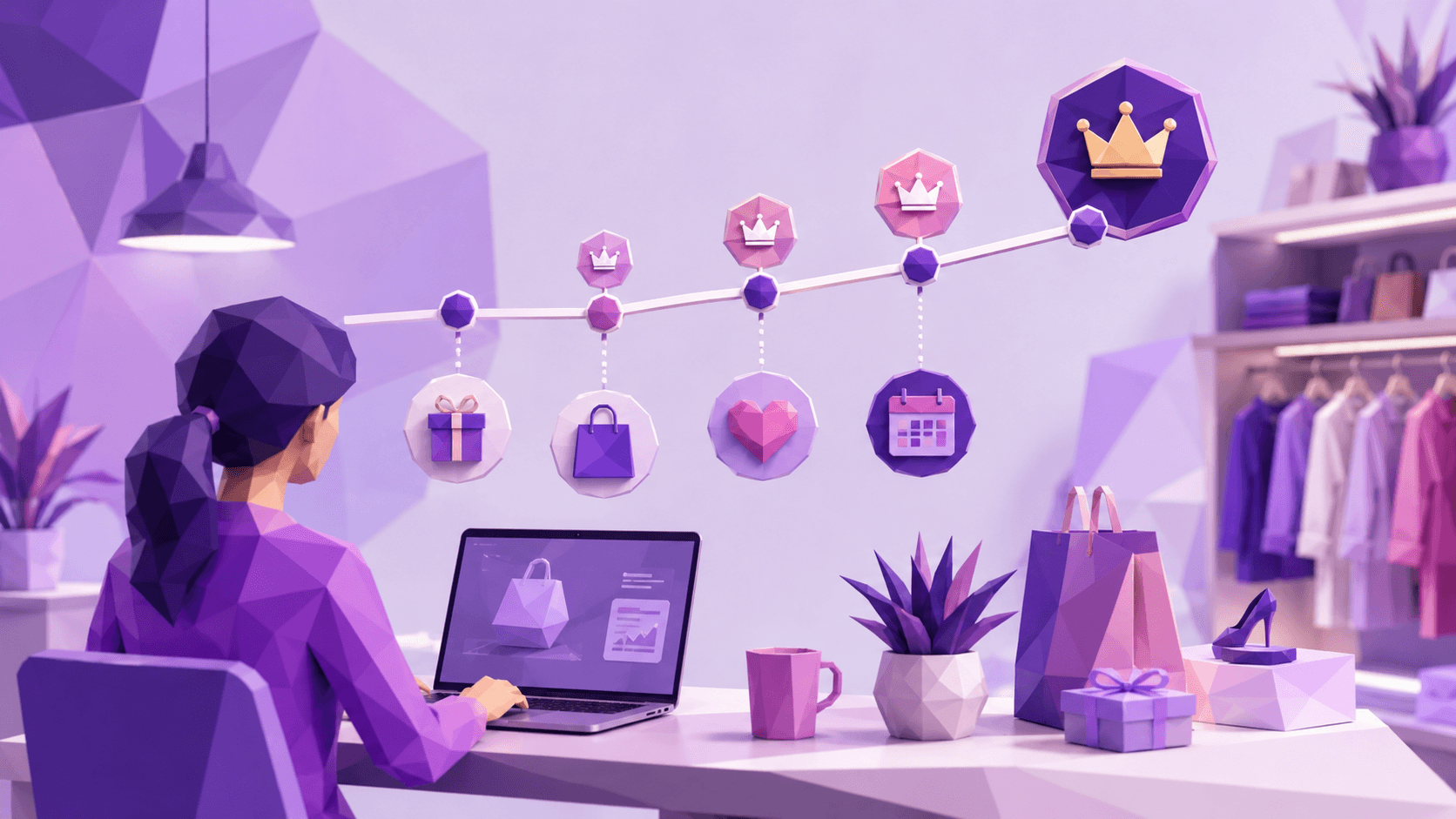 Low-poly 3D retail loyalty journey with tier and rewards icons in a purple palette