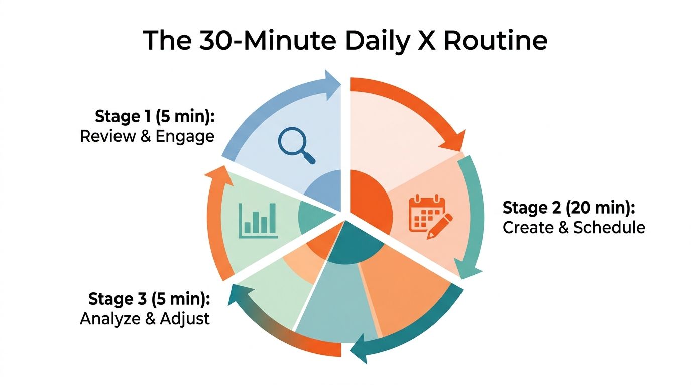 A circular diagram detailing the 30-minute daily X routine for Twitter growth strategies and time management.