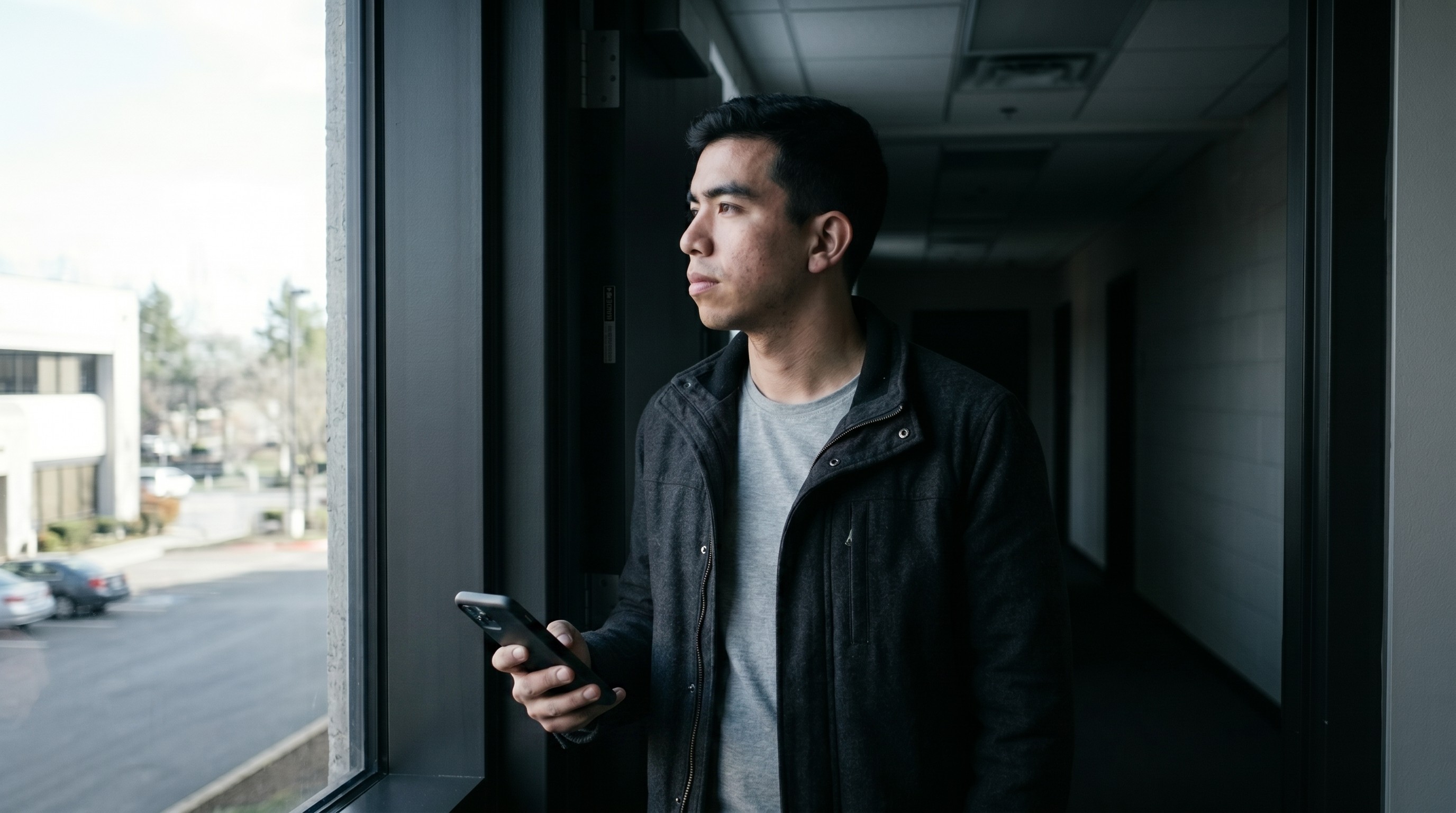 Justice-involved individual transitioning through institutional corridors during structured recovery monitoring