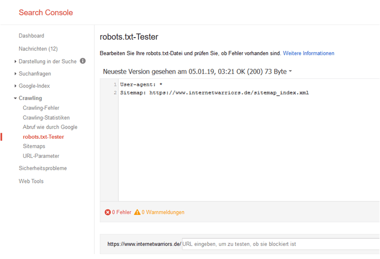 Screenshot des robots.txt Testers in der Search Console