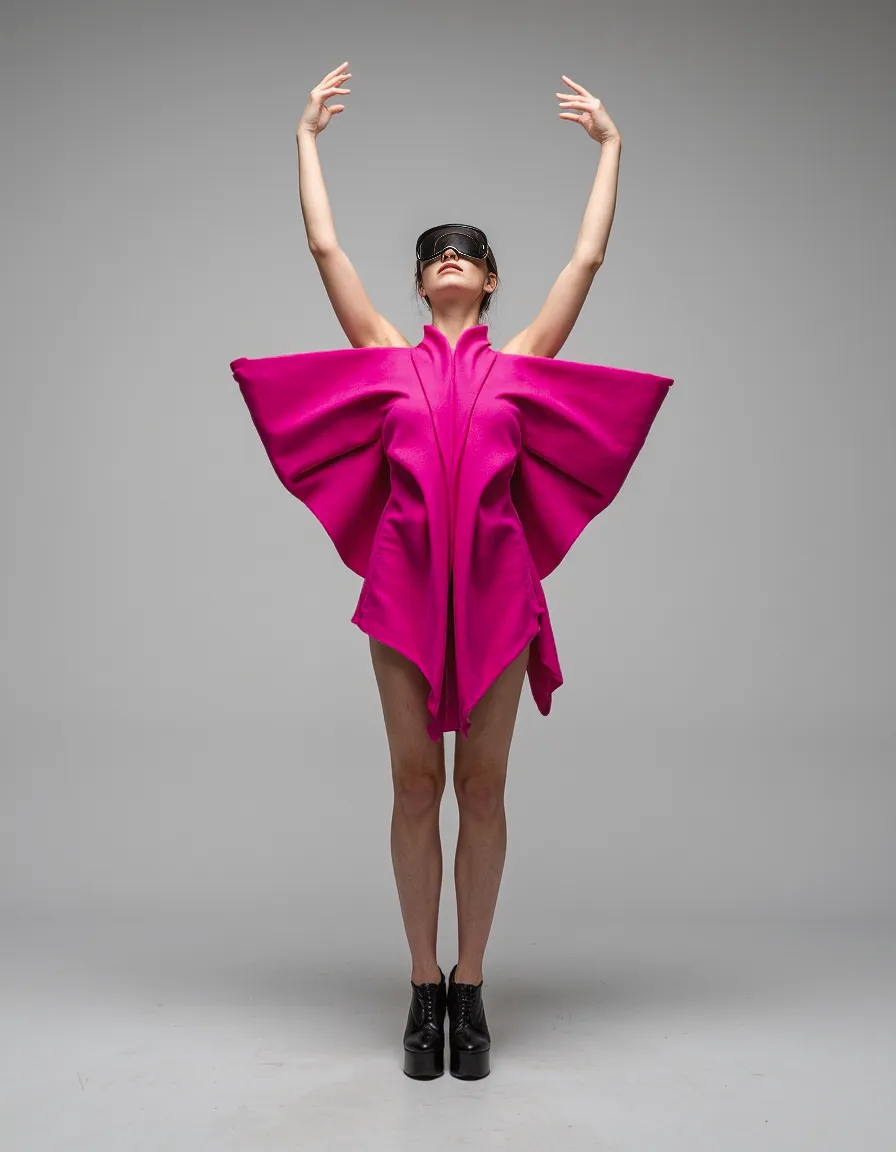 Figure in bright magenta sculptural garment with dramatic wing-like extensions wearing VR headset against neutral gray background