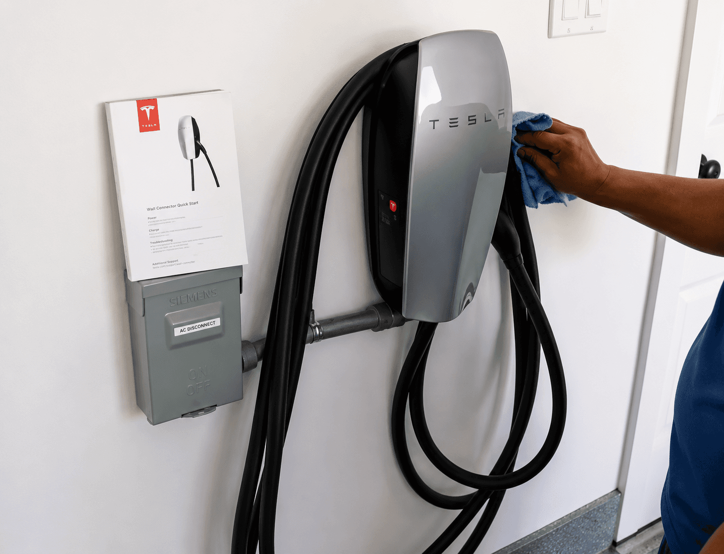 Electrician using digital multimeter to test electrical control panel during safety inspection