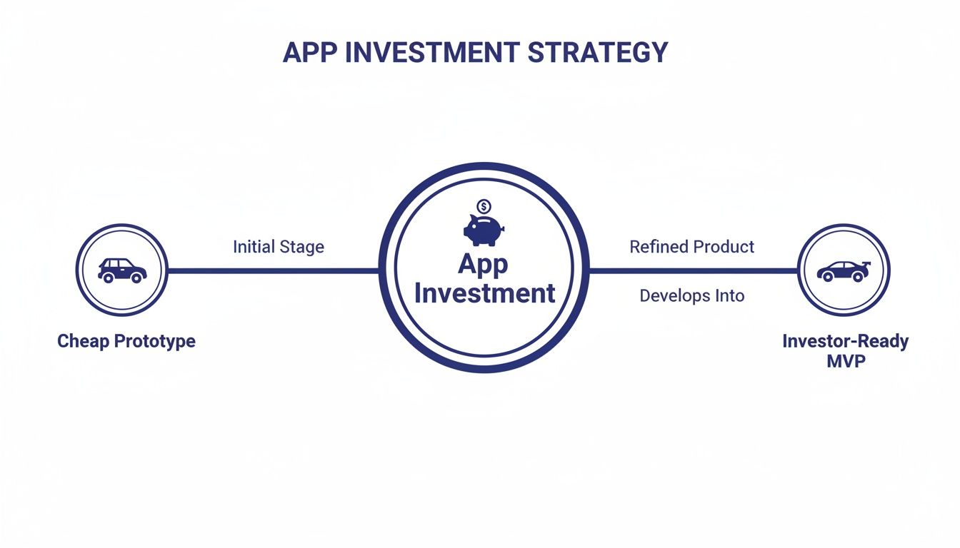 Diagram illustrating an app investment strategy, showing progression from a cheap prototype to an investor-ready MVP.