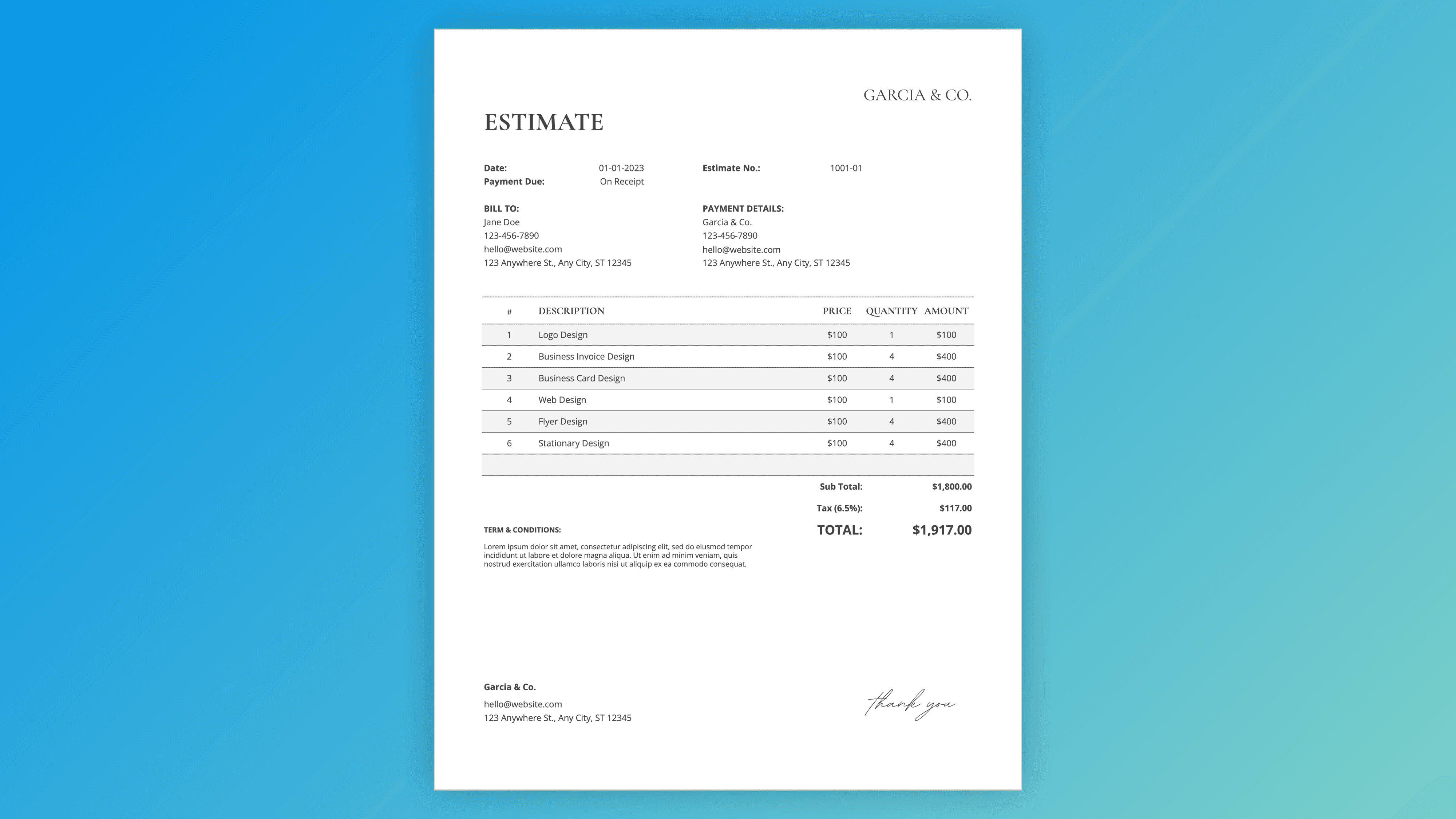 Itemized estimate template – detailed list of services with price, quantity, total columns, subtotal, tax, payment method, and thank you message