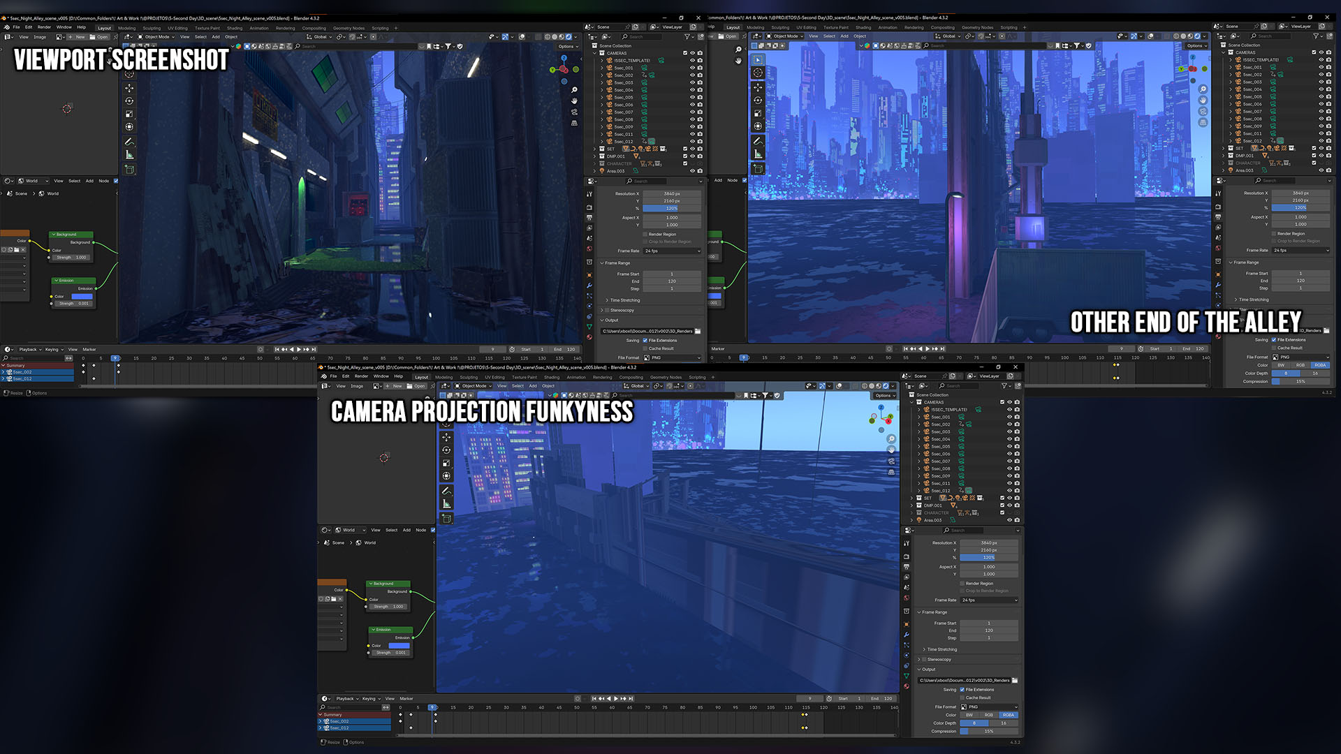 Blender screenshots of the 3D set built as a base for background painting.