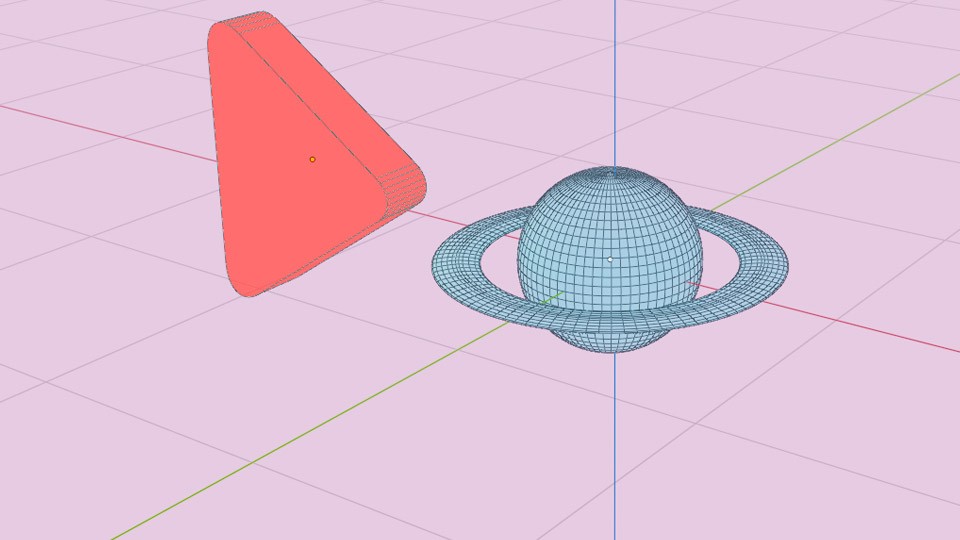 A red 3D triangle and a Saturn like planet in a 3d program setting