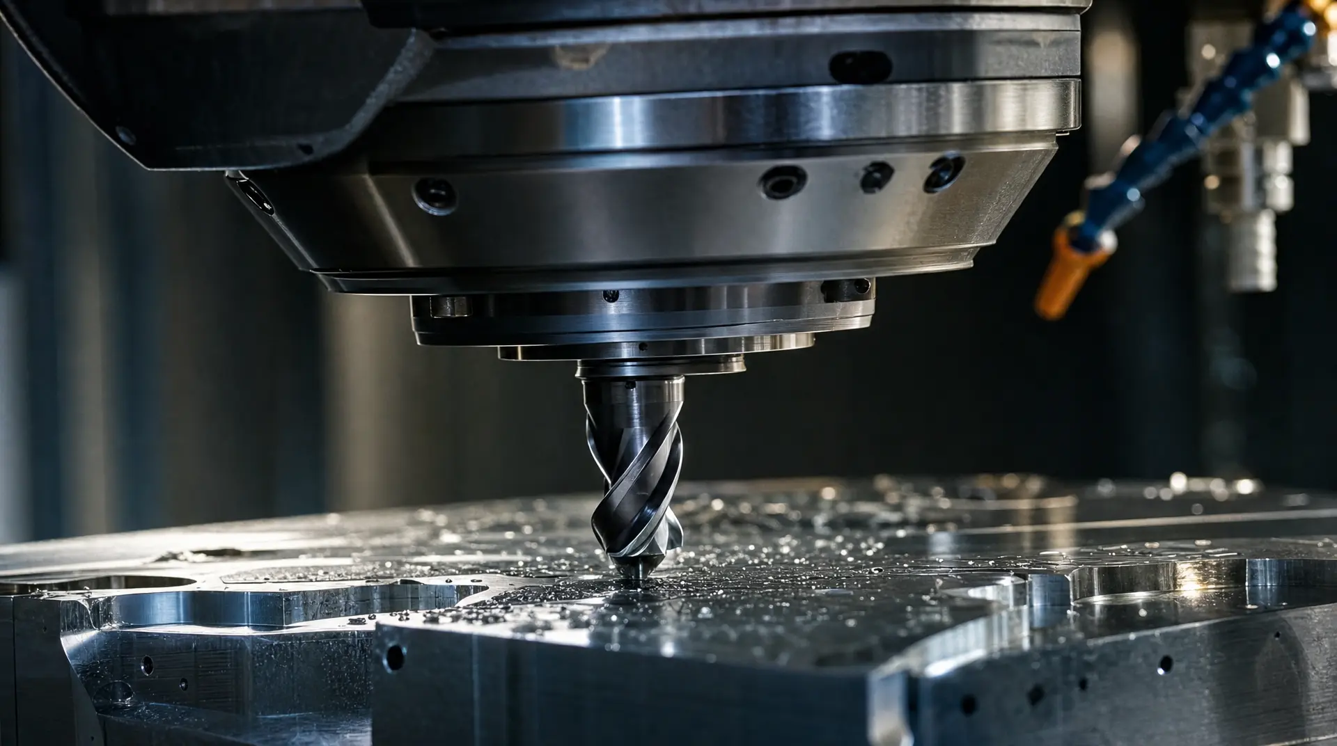CNC spindle drills and mills metal on an industrial worktable, framed for manufacturing video marketing.