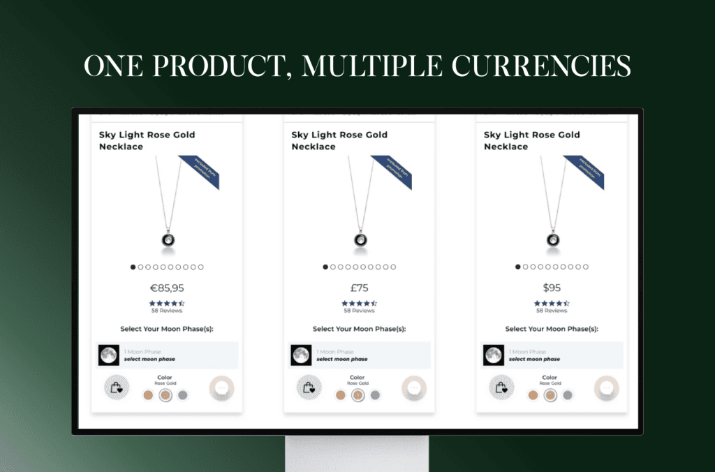 Dieselbe Produktseite einer Halskette in Euro, Pfund und Dollar als Beispiel für lokale Preise in Shopify