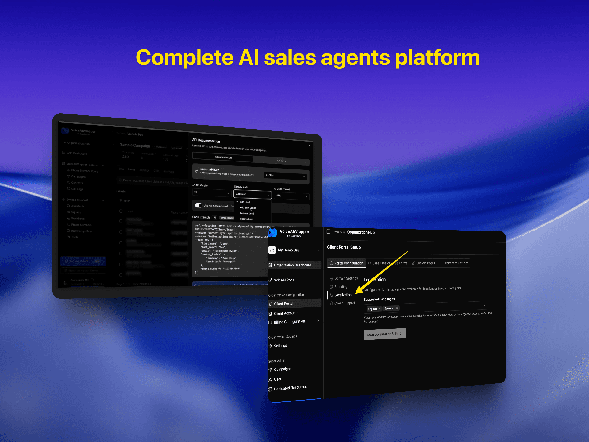 Complete AI sales agents platform dashboard showing API configuration and client portal setup with localization settings | VoiceAIWrapper