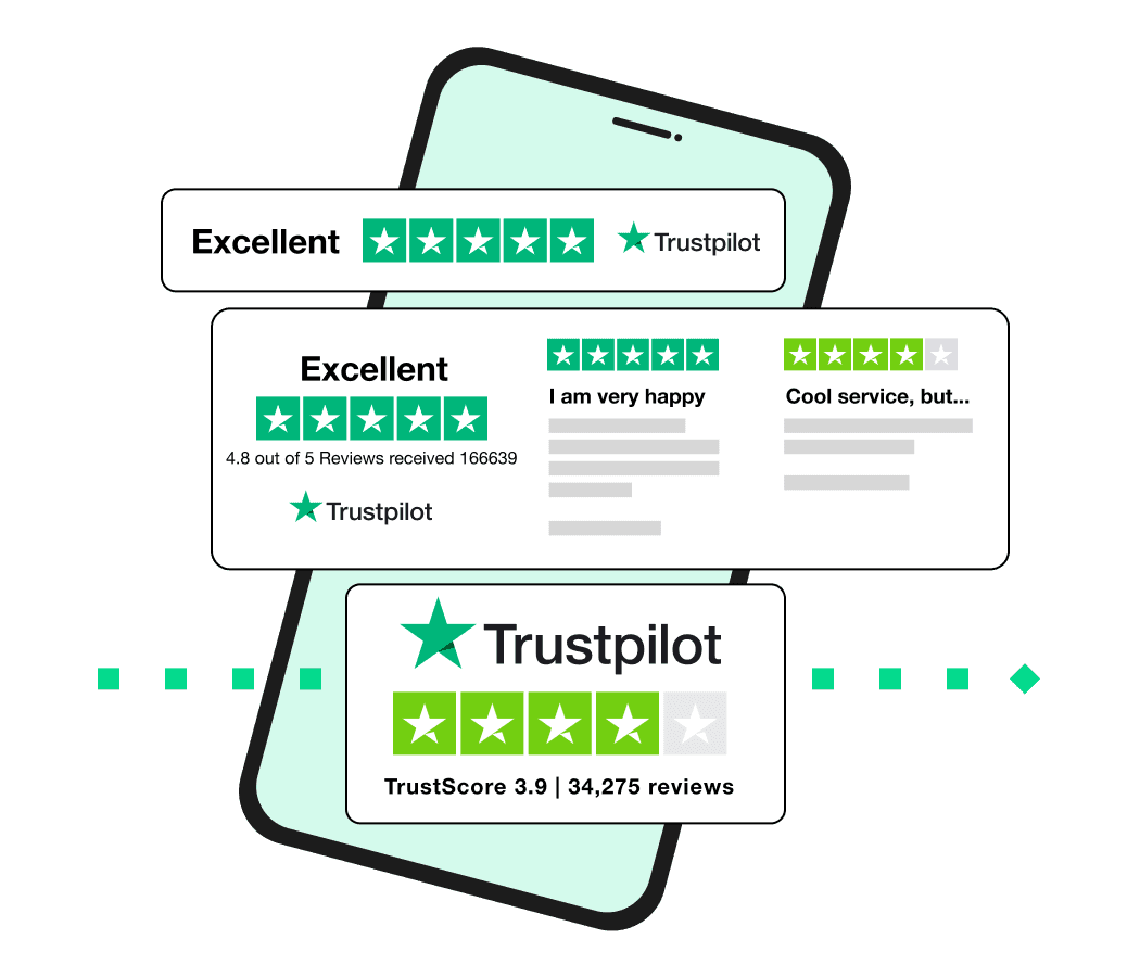 Trustpilot-Bewertungen auf einem Smartphone-Bildschirm mit Sternen und Rezensionen, darunter „Excellent“ und „TrustScore 3.9“ mit grünen Sternsymbolen.