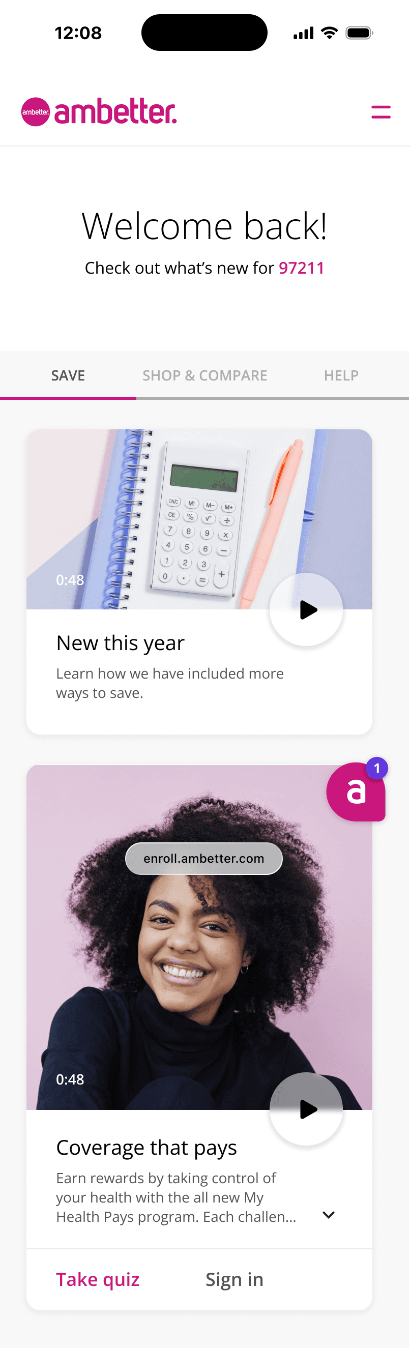 Enrollment landing page for returning members